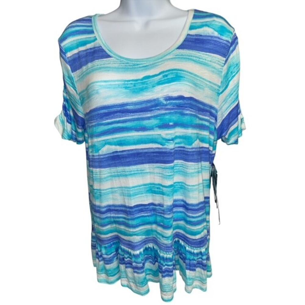 Onque Casual XL Top Charming Blue Striped Ruffles Comfy Soft Fabric Fancy Ruche